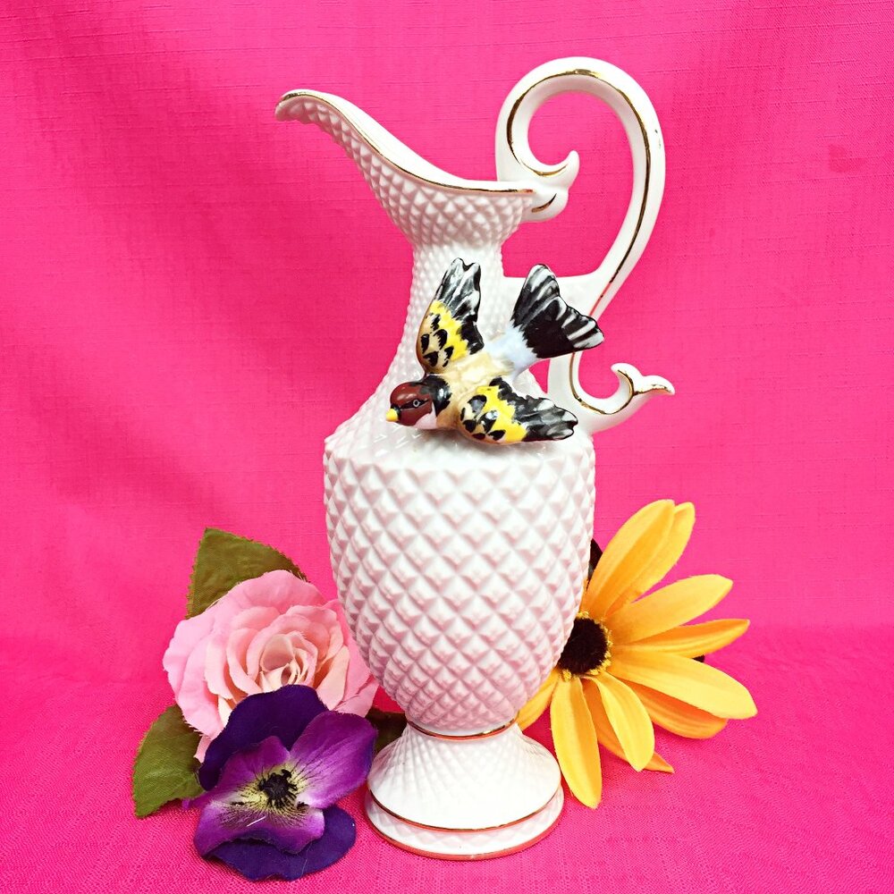 Vintage White Raised Diamond Porcelain Decorative Bird Pitcher Vase Ewer